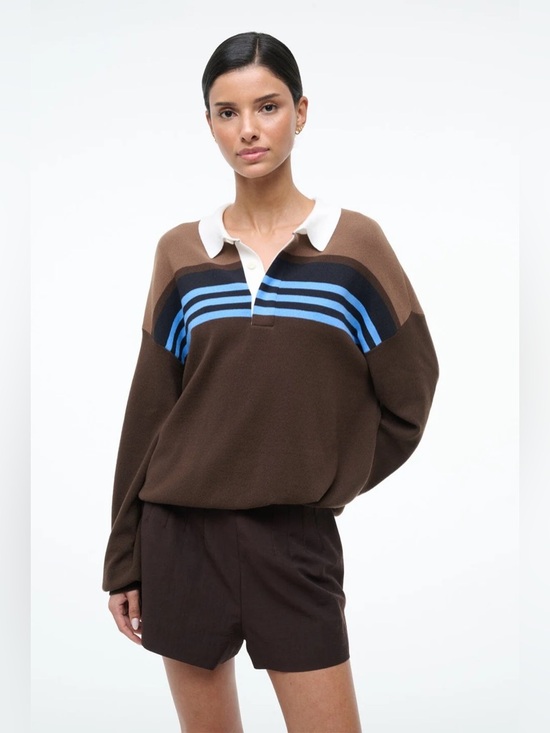 STAUD Sweaters - Staud Large Sail Top Earth Multi Stripe Cotton Knit Rugby Polo